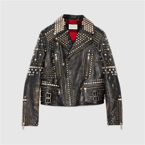 Leather biker jacket with Gucci in black 